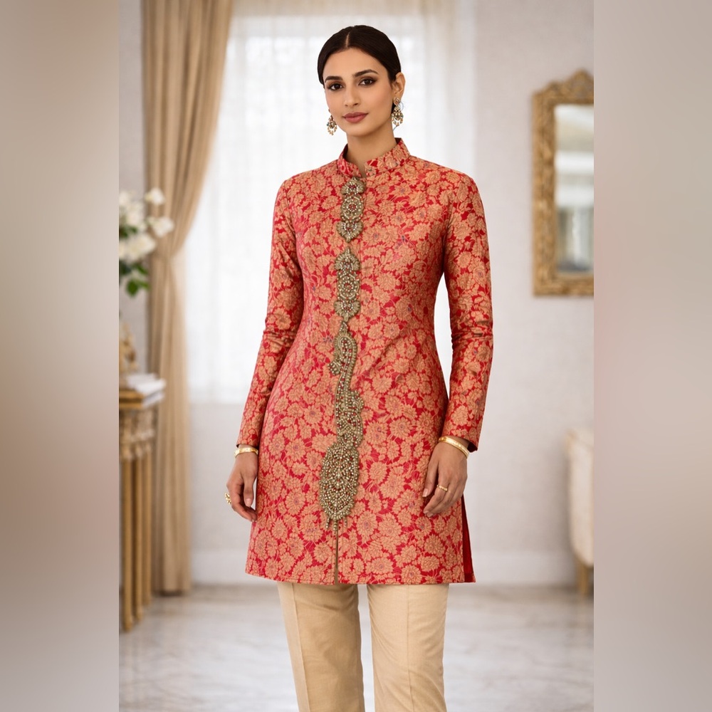 India Boutique Brocade Red silk shirt and cream raw silk pants